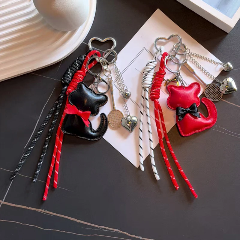 Cute Leather Cat Keychain Bag Tassel Love Heart Badminton Racket Pendant Bag Charms Bag Package Decor Women