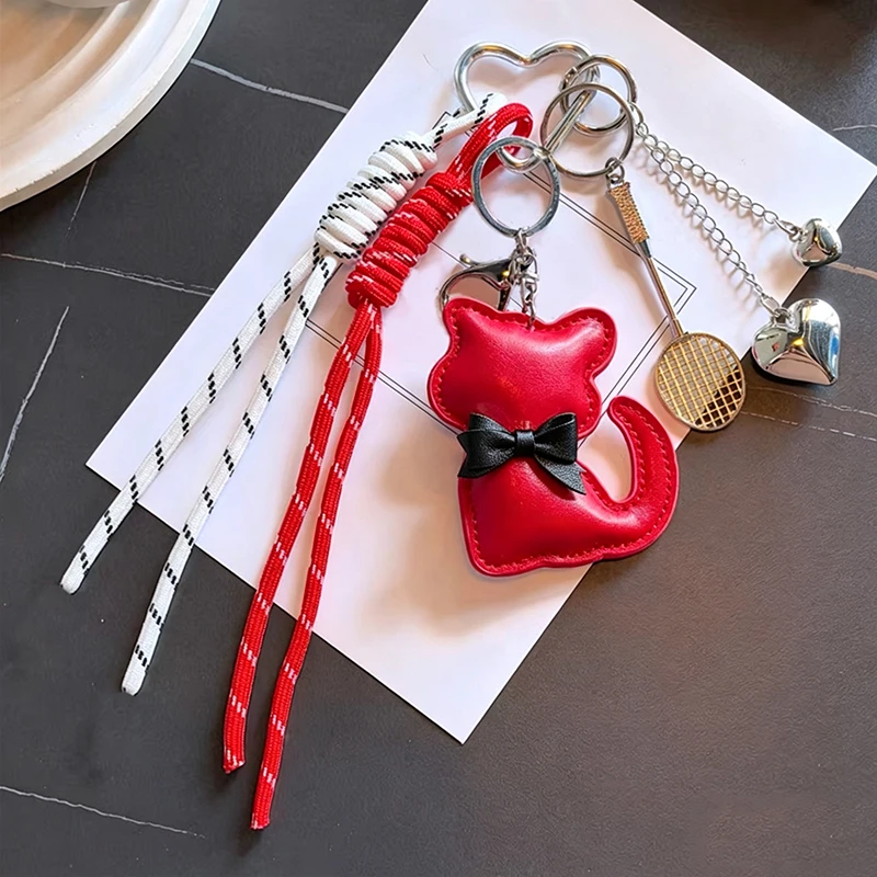 Cute Leather Cat Keychain Bag Tassel Love Heart Badminton Racket Pendant Bag Charms Bag Package Decor Women