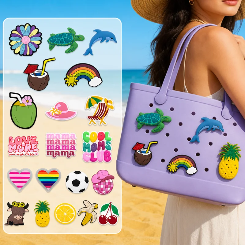 1/7PCS Casual Coconut Bag Charm Summer Accessories,Banana Cherry Bag Decoration for Tote,Heart Soccer Ball for Handbags
