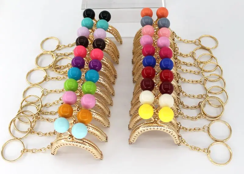 10PCS Super Lovely 5CM Light Golden Metal Purse frame Colorful Bead Head with KeyChain frames Kiss Clasp DIY Bag Accessory