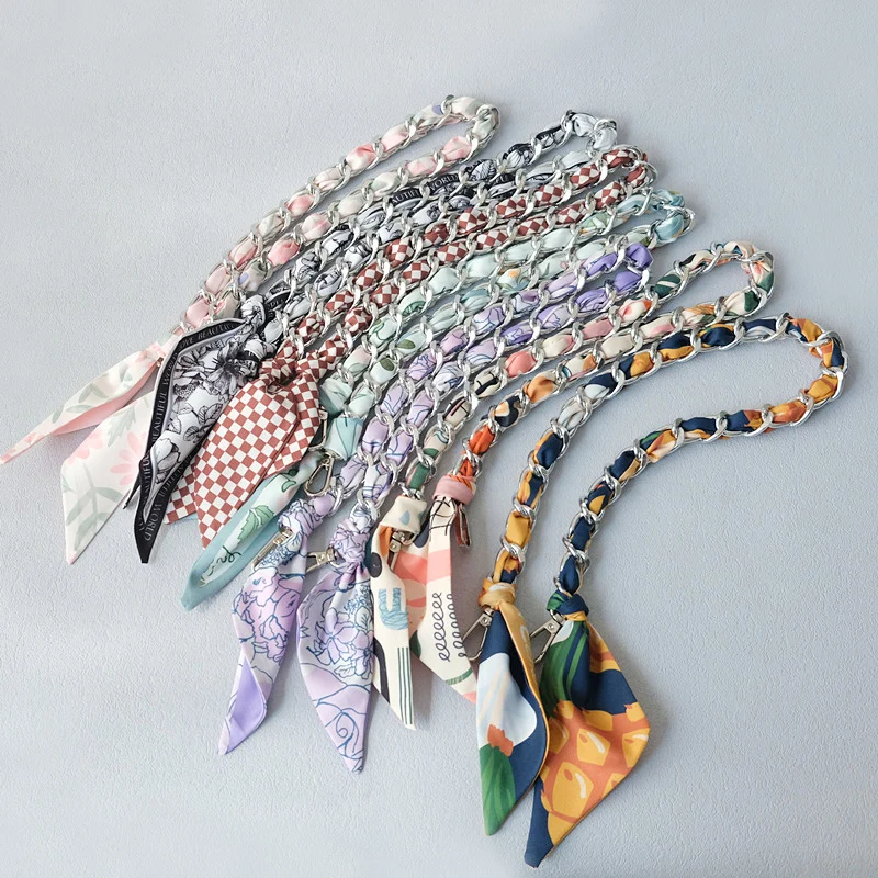 New Fashion Brand Woman Handbag Accessory Chains Detachable Floral Gold Silver Metal Silk Strap Women DIY Chain Bag Handles