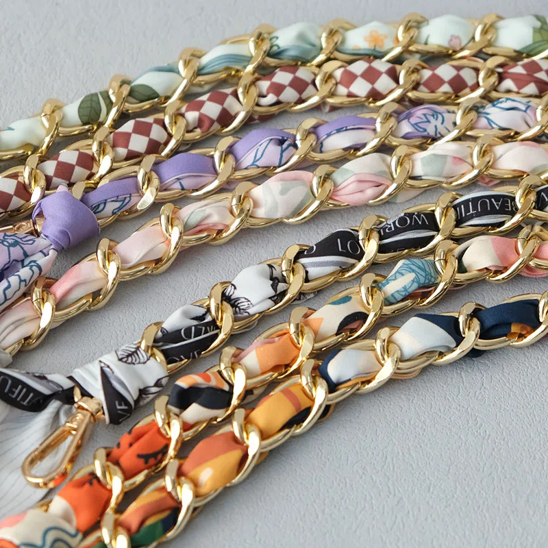 New Fashion Brand Woman Handbag Accessory Chains Detachable Floral Gold Silver Metal Silk Strap Women DIY Chain Bag Handles