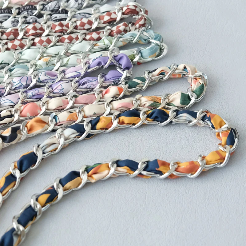 New Fashion Brand Woman Handbag Accessory Chains Detachable Floral Gold Silver Metal Silk Strap Women DIY Chain Bag Handles
