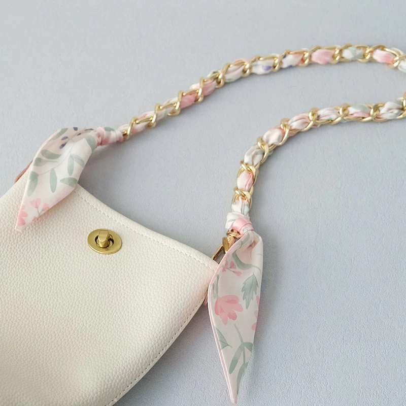 New Fashion Brand Woman Handbag Accessory Chains Detachable Floral Gold Silver Metal Silk Strap Women DIY Chain Bag Handles