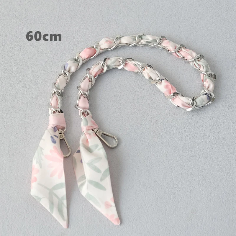New Fashion Brand Woman Handbag Accessory Chains Detachable Floral Gold Silver Metal Silk Strap Women DIY Chain Bag Handles