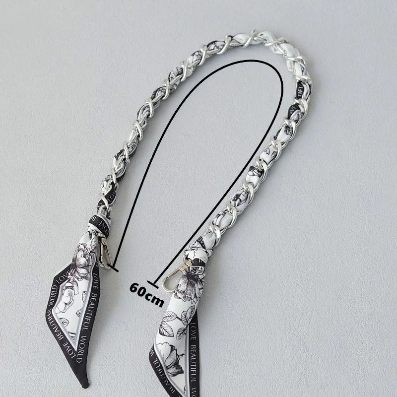 New Fashion Brand Woman Handbag Accessory Chains Detachable Floral Gold Silver Metal Silk Strap Women DIY Chain Bag Handles