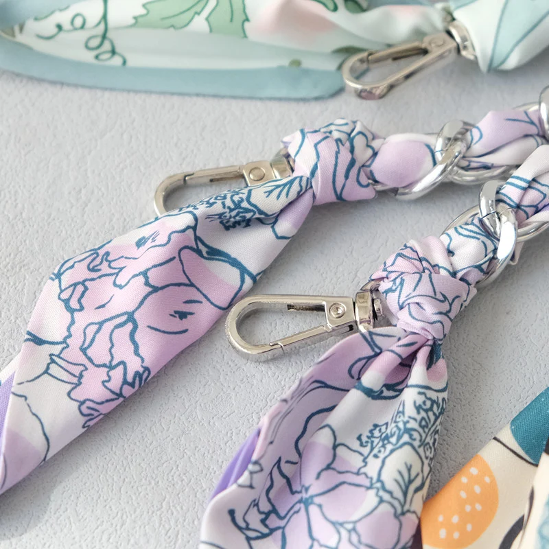 New Fashion Brand Woman Handbag Accessory Chains Detachable Floral Gold Silver Metal Silk Strap Women DIY Chain Bag Handles