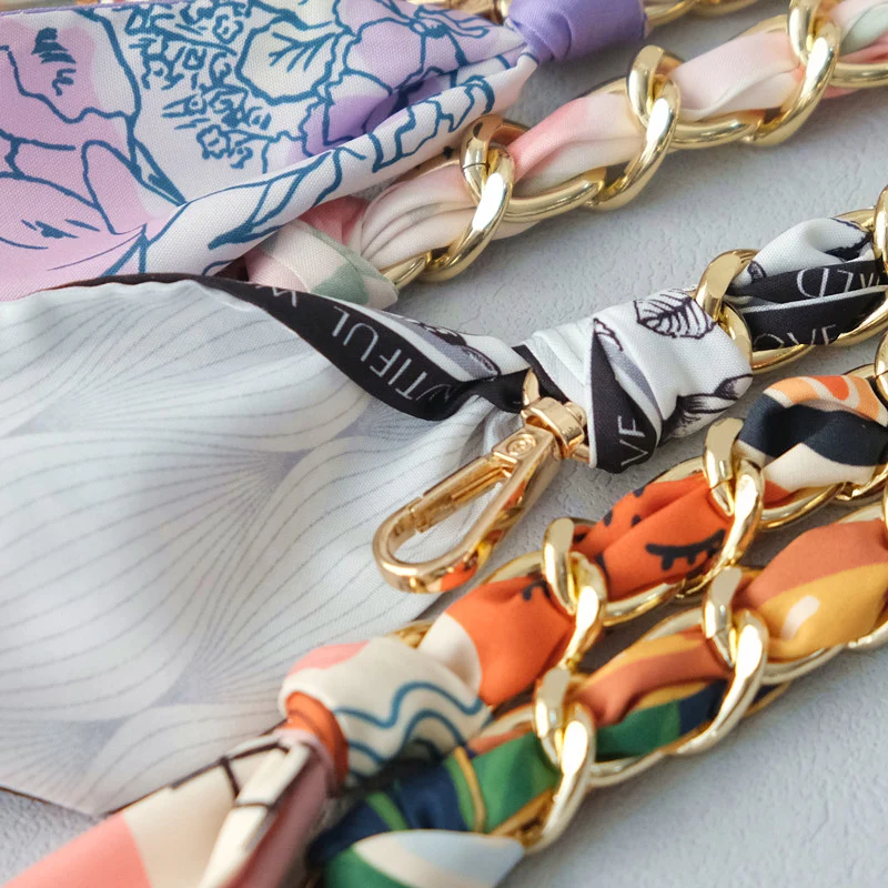 New Fashion Brand Woman Handbag Accessory Chains Detachable Floral Gold Silver Metal Silk Strap Women DIY Chain Bag Handles