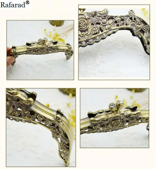 16cm Metal Purse Frame DIY Bag Parts And Accessories Vintage Diamond Kiss Clasp Purse Bag Frame Rose Flower Sculpture Bronze