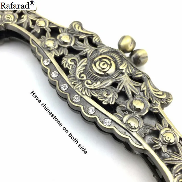 16cm Metal Purse Frame DIY Bag Parts And Accessories Vintage Diamond Kiss Clasp Purse Bag Frame Rose Flower Sculpture Bronze