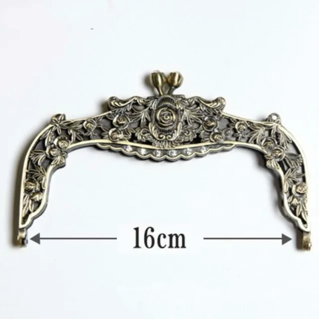 16cm Metal Purse Frame DIY Bag Parts And Accessories Vintage Diamond Kiss Clasp Purse Bag Frame Rose Flower Sculpture Bronze