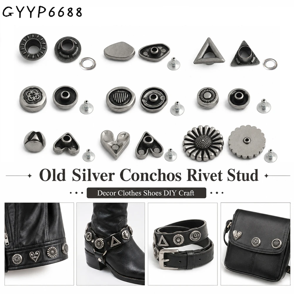 20/50/100PCS Old silver Flower/Round Conchos Screw Back Rivets For Bags Belt DIY Doll Clothes Sewing Riveting Button Accessories
