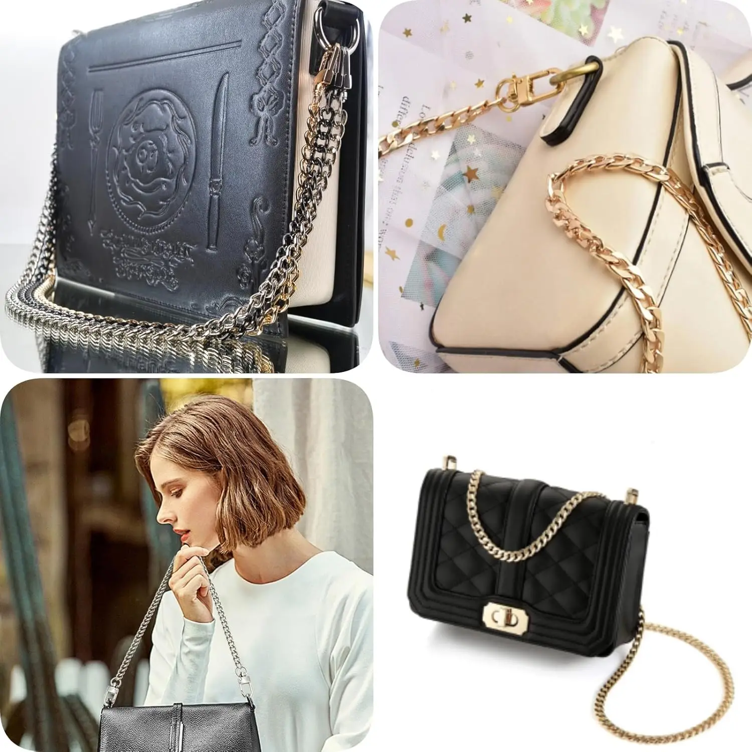 49.6inch Purse Chain Strap Metal Shoulder Crossbody Replacement Bag Chain with Metal Buckles, Flat Chain Strap for Purse Handbag
