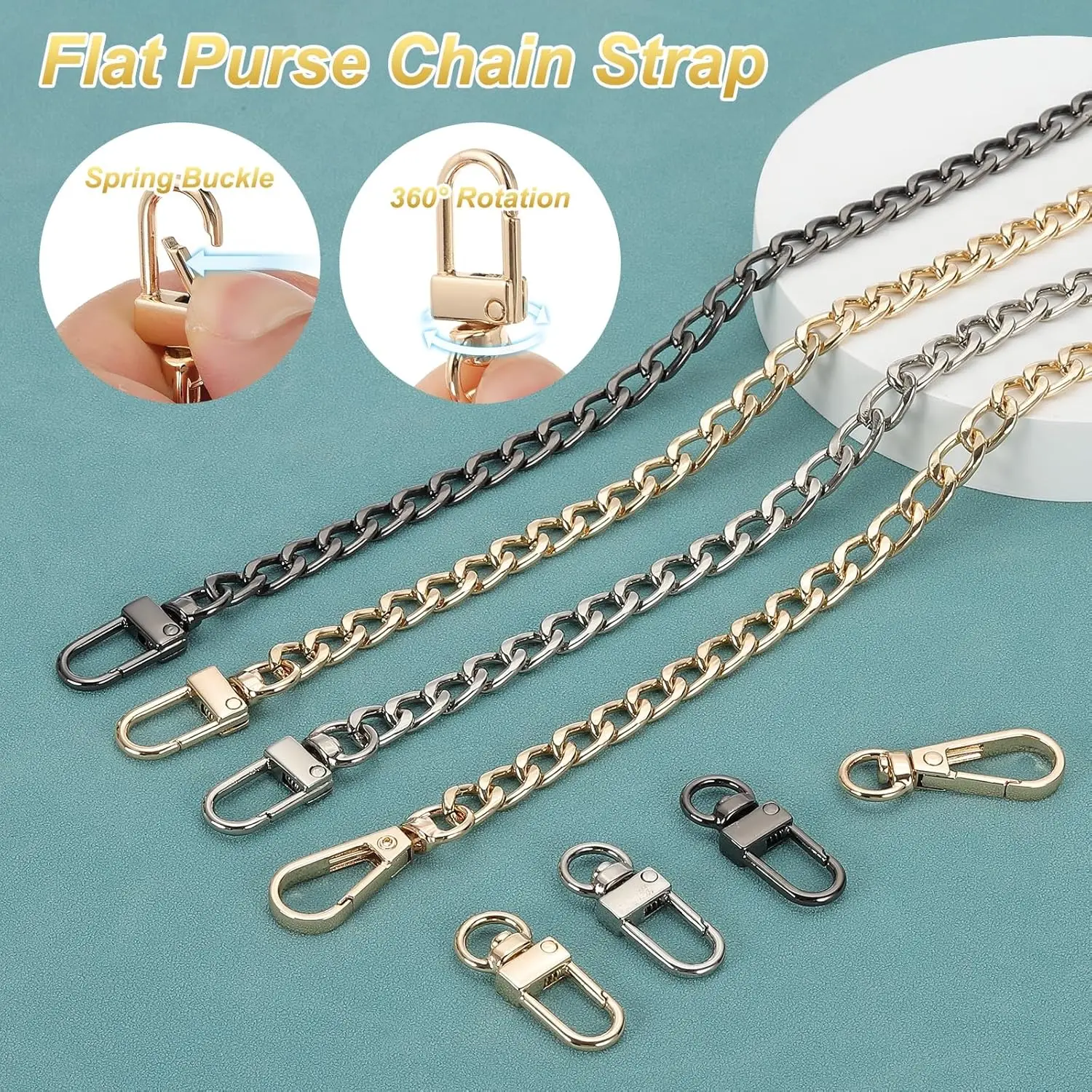 49.6inch Purse Chain Strap Metal Shoulder Crossbody Replacement Bag Chain with Metal Buckles, Flat Chain Strap for Purse Handbag