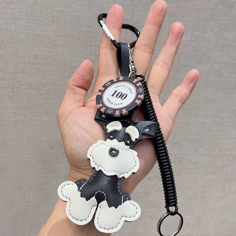 Cartoon Cute Animals Schnauzer Lanyard Bag Pendant PU Leather Backpack Pendant Key Chains for Women Birthday Gift