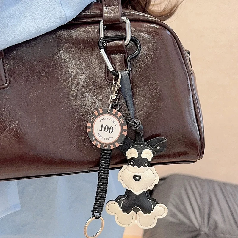 Cartoon Cute Animals Schnauzer Lanyard Bag Pendant PU Leather Backpack Pendant Key Chains for Women Birthday Gift