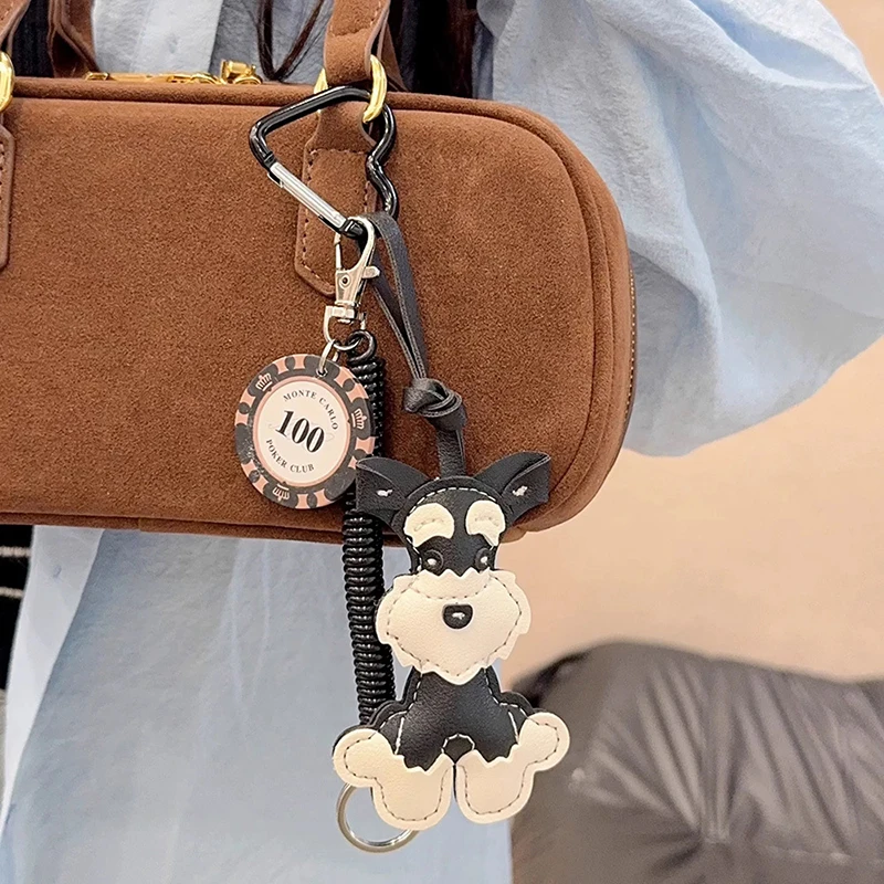 Cartoon Cute Animals Schnauzer Lanyard Bag Pendant PU Leather Backpack Pendant Key Chains for Women Birthday Gift