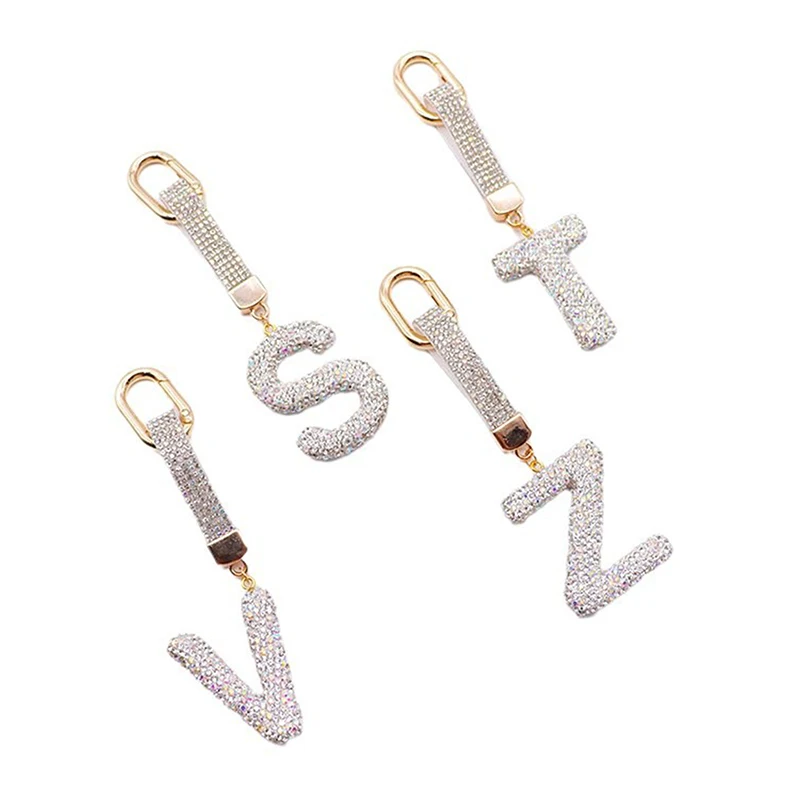 Fashion Shiny Rhinestone Letters Keychain Bag Charm Cute Letters Pendant Car Key Ring Backpack Decoration Accessories Gifts