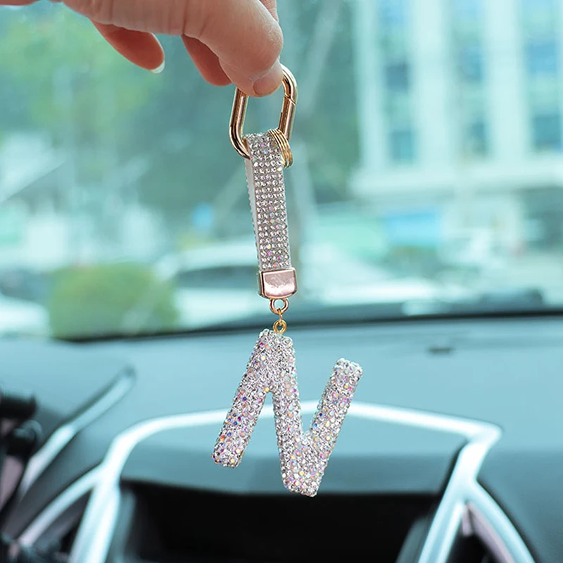 Fashion Shiny Rhinestone Letters Keychain Bag Charm Cute Letters Pendant Car Key Ring Backpack Decoration Accessories Gifts