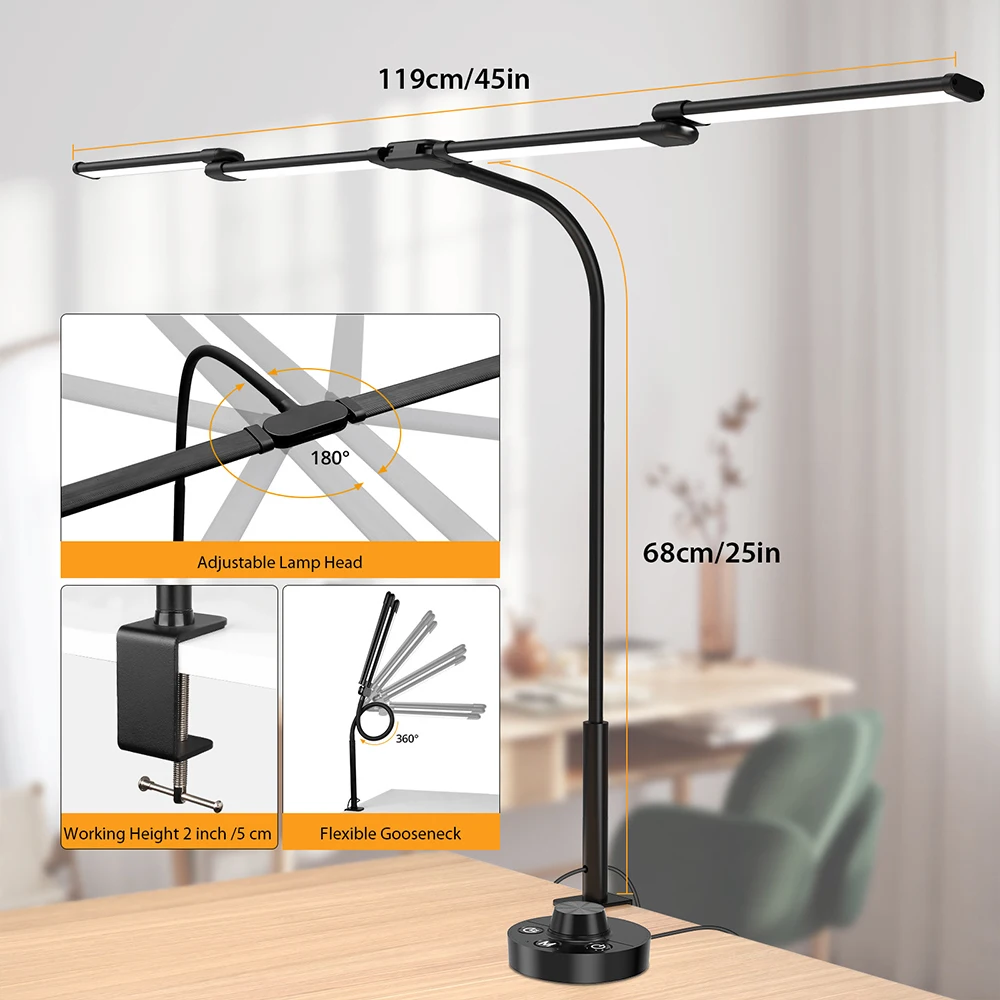 Led Desk Lamp with Clamp Architect Desk Lamp for Home Office 24W Ultra Bright Auto Dimming PC Light Stepless Dimming Table Light