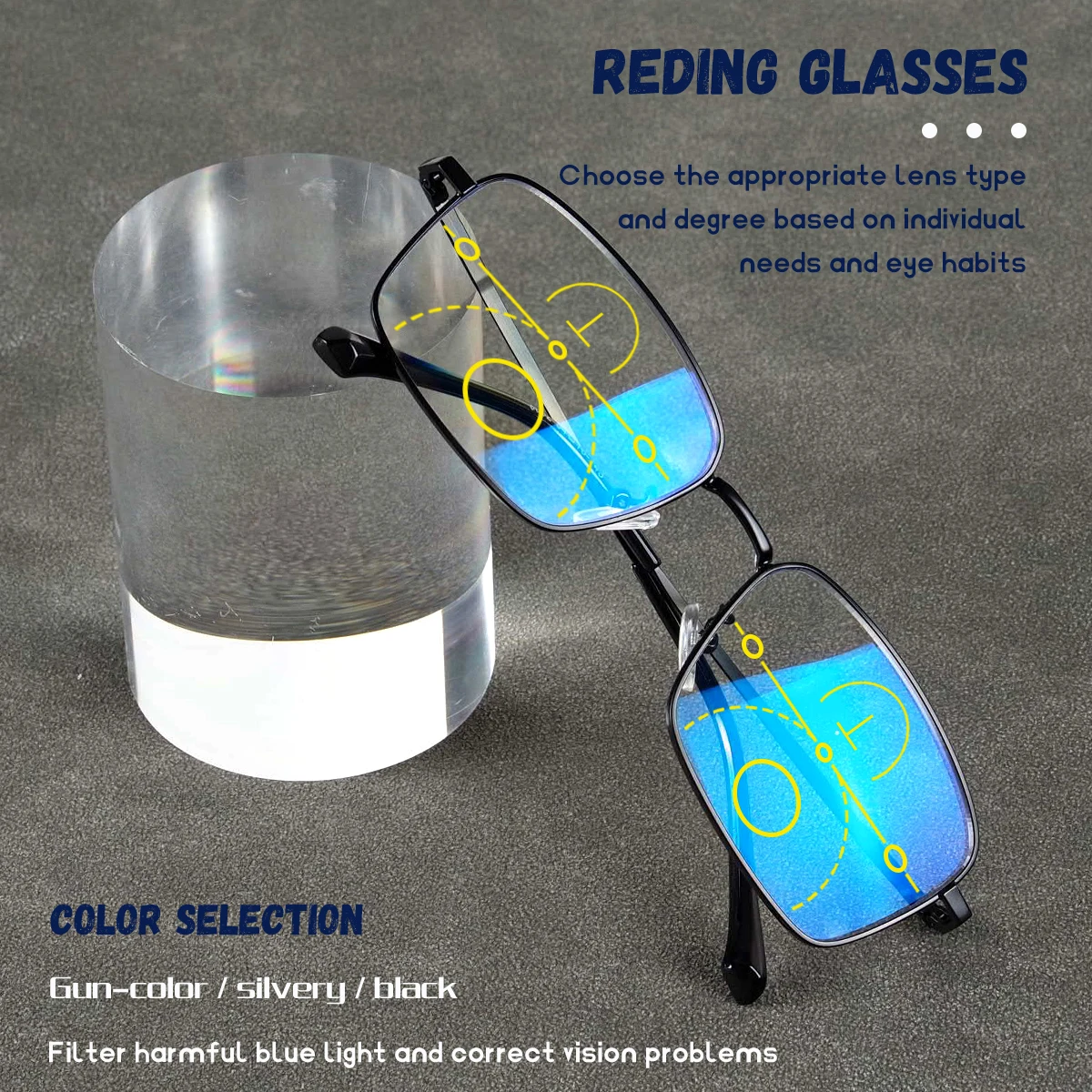 Progressive Multifocal Reading Glasses, Anti-Blue Light Lenses, Clear Vision from Far and Near, Metal Frame, Unisex.