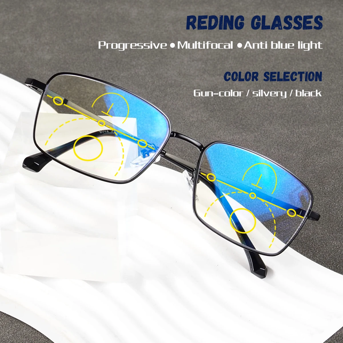 Progressive Multifocal Reading Glasses, Anti-Blue Light Lenses, Clear Vision from Far and Near, Metal Frame, Unisex.