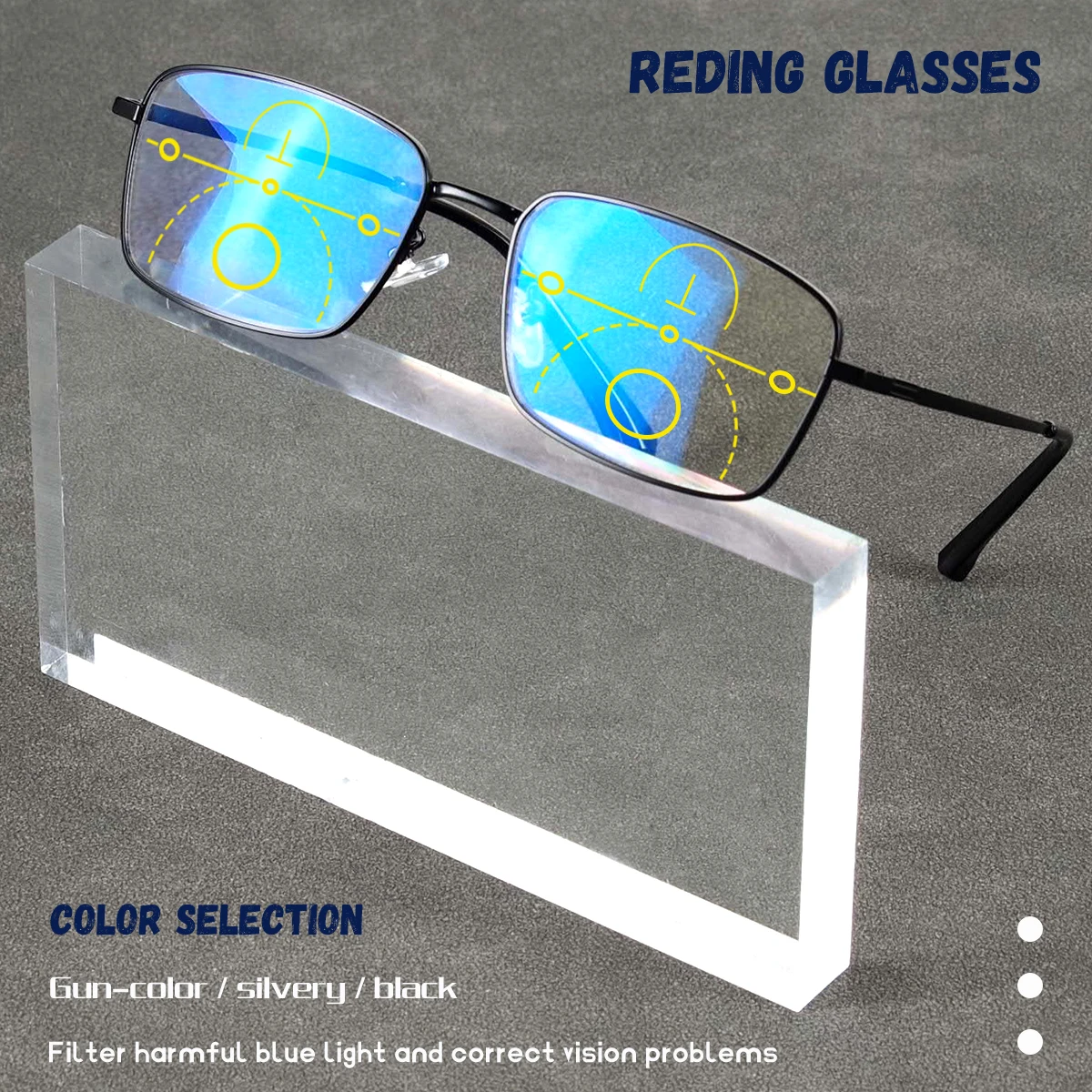 Progressive Multifocal Reading Glasses, Anti-Blue Light Lenses, Clear Vision from Far and Near, Metal Frame, Unisex.