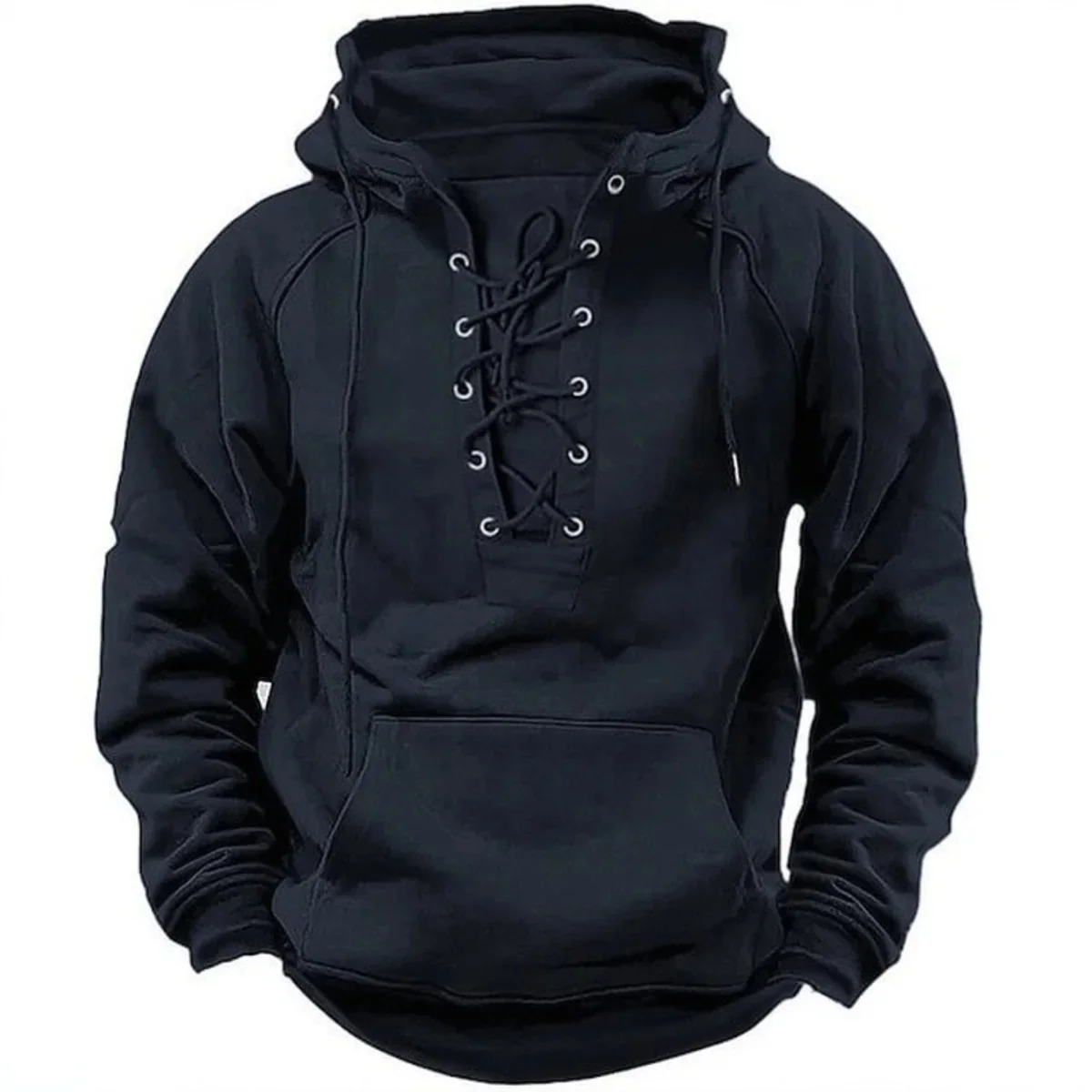 Men's Retro-Style Lace-Up Hooded Sweatshirt Loose-Fitting Long-Sleeved Pullover Pure Color Design for Autumn Winter Hoodie