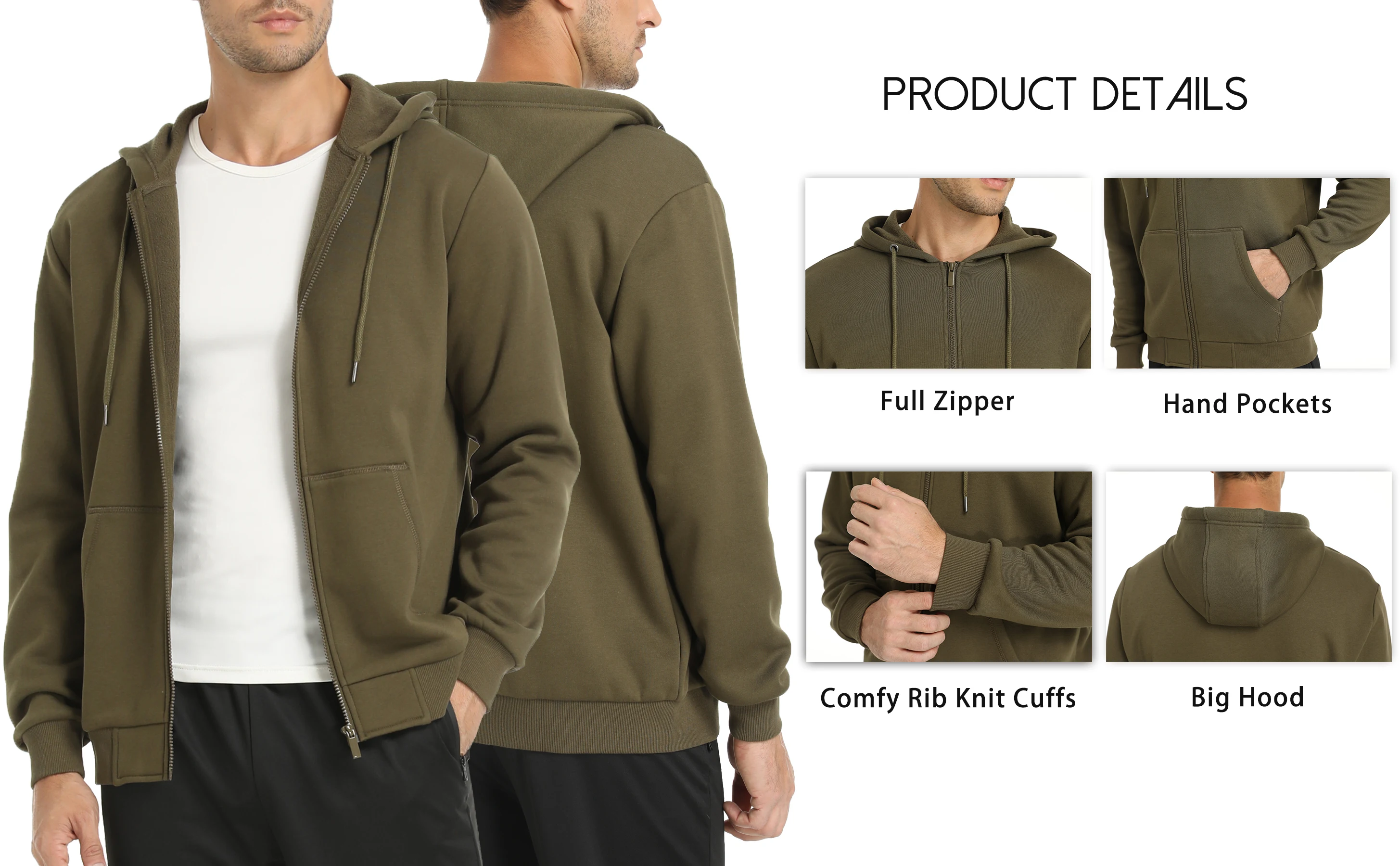 TACVASEN Big Pockets Fleece Lining Hoodies Mens Hooded Coats Full Zip Up Casual Hoodie Jackets Athlete Running Hiking Sportswear