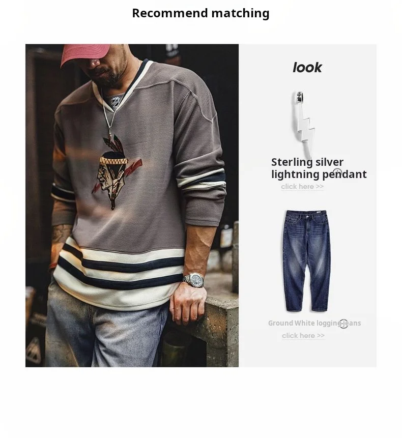 Maden Men's Vintage Waffle Knit Sweatshirt Indian Embroidered V-Neck long-sleeved Pullover Loose fit Heavyweight shirt for Fall