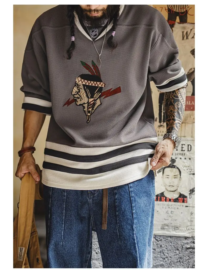 Maden Men's Vintage Waffle Knit Sweatshirt Indian Embroidered V-Neck long-sleeved Pullover Loose fit Heavyweight shirt for Fall