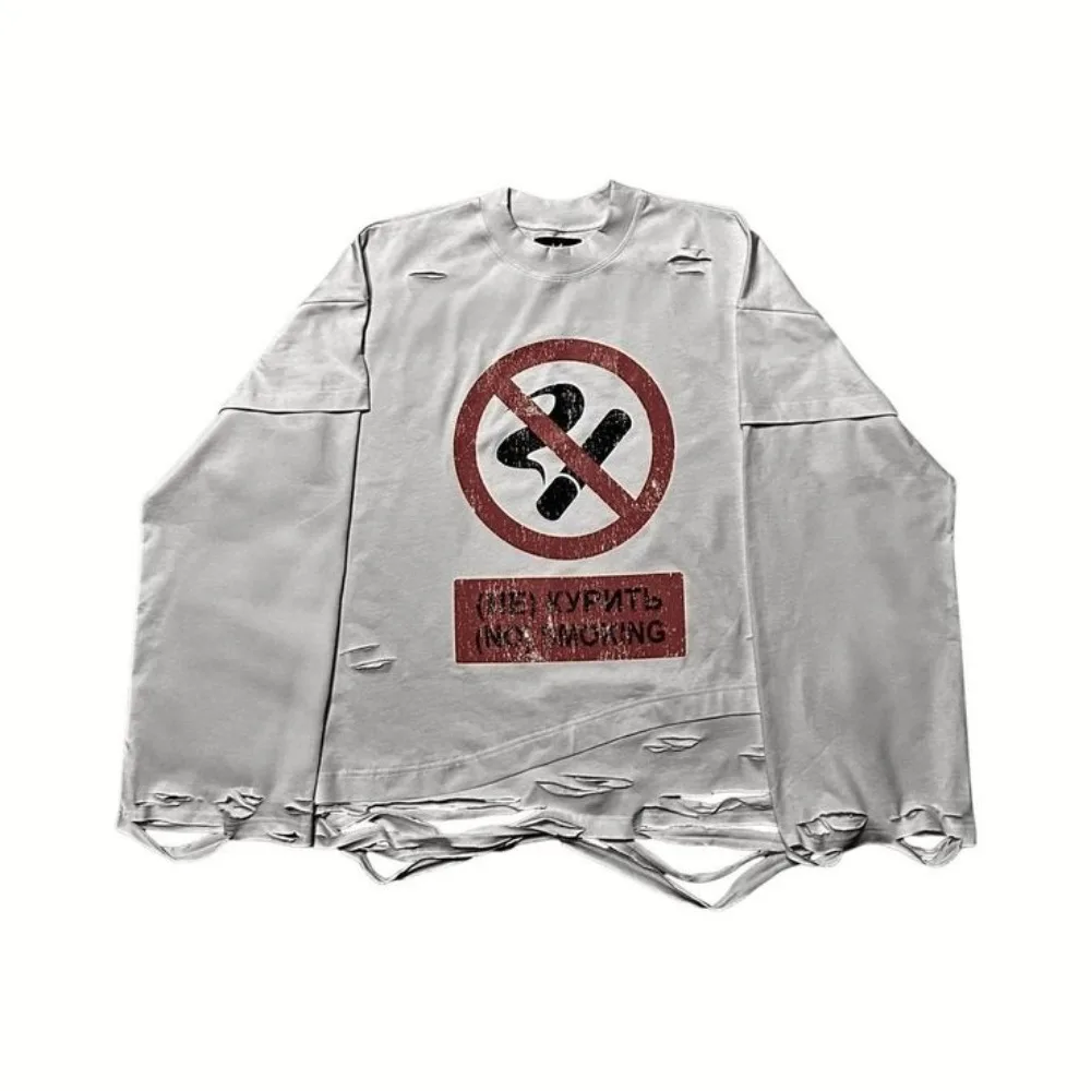 Streetwear Harajuku Hip Hop Ripped Long Sleeves Y2K Cigarette Graphic Print Tops Gothic Fashion Round Neck Sweatshirt Men Women