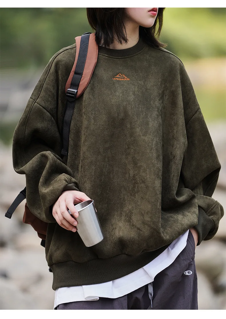 TFETTERS Brand Suede Sweatshirts for Men 2026 New Autumn Winter Clothing Baggy Vintage Pullovers Couples O Neck Oversize Blouse
