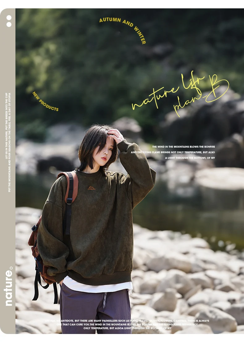TFETTERS Brand Suede Sweatshirts for Men 2026 New Autumn Winter Clothing Baggy Vintage Pullovers Couples O Neck Oversize Blouse