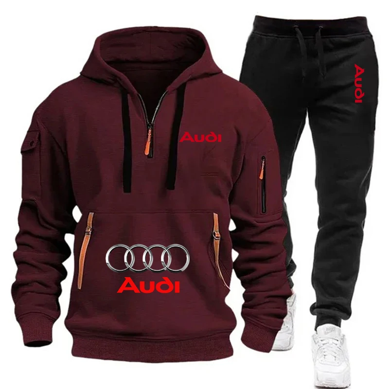 AUDI Conjunto deportivo informal de dos piezas, holgado y cálido, con sudadera con capucha y pantalones deportivos para hombre.