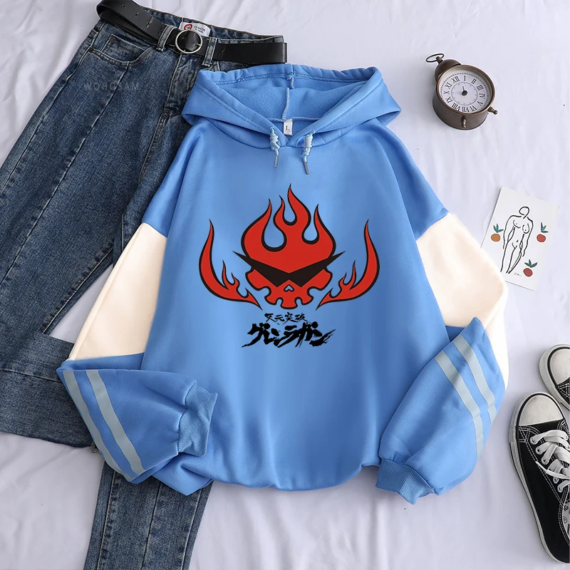 Anime Tengen Toppa Gurren Lagann Letter Hoodies Harajuku Flaming Skull Red Graphic Autumn Winter Warm Patchwork Sweatshirts
