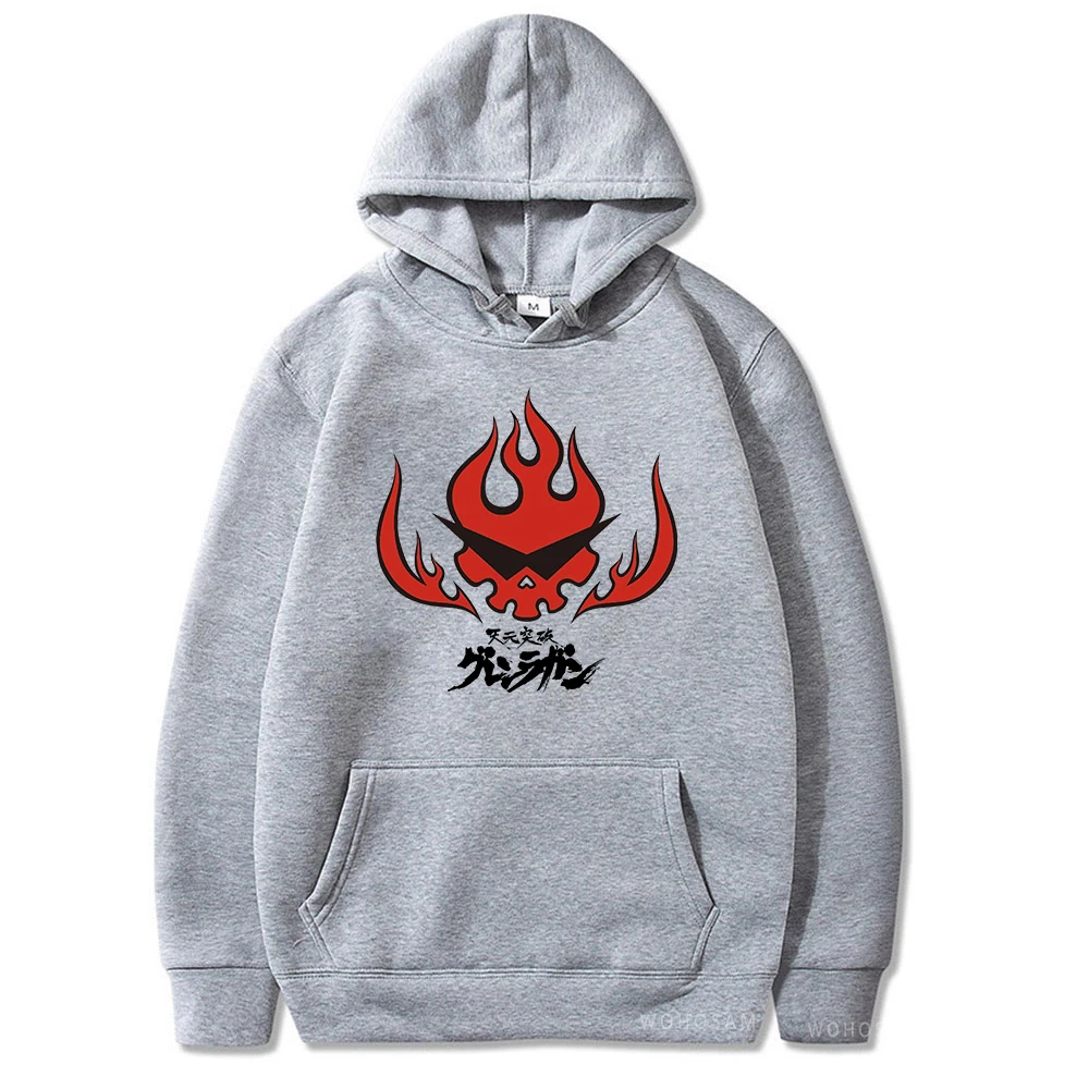 Anime Tengen Toppa Gurren Lagann Letter Hoodies Harajuku Flaming Skull Red Graphic Autumn Winter Warm Patchwork Sweatshirts