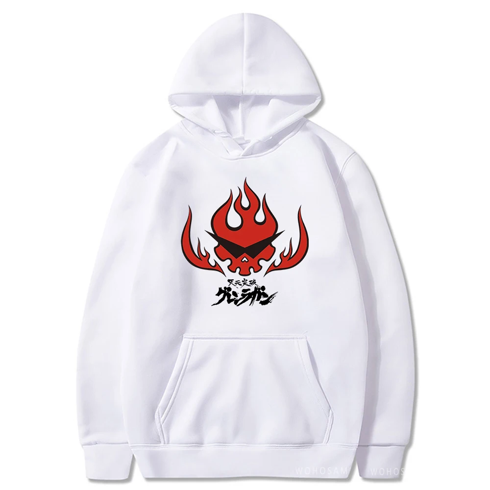 Anime Tengen Toppa Gurren Lagann Letter Hoodies Harajuku Flaming Skull Red Graphic Autumn Winter Warm Patchwork Sweatshirts