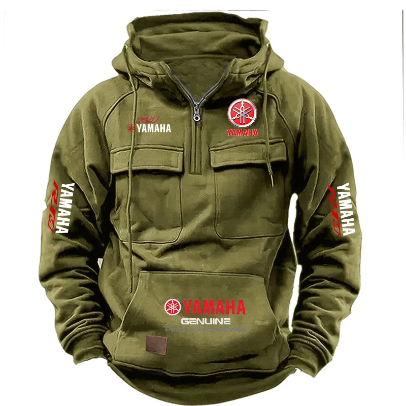 2026 New YAMAHA Logo Motorcycle Racing Race Retro Velvet Half Zipper Hoodie Men's Multi Pocket Autumn/Winter Casual Sweatshirt
