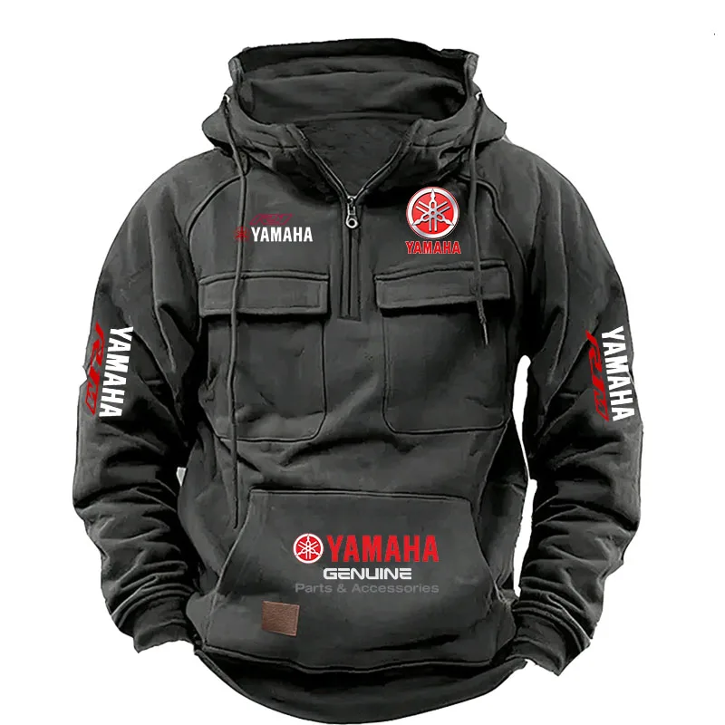 2026 New YAMAHA Logo Motorcycle Racing Race Retro Velvet Half Zipper Hoodie Men's Multi Pocket Autumn/Winter Casual Sweatshirt