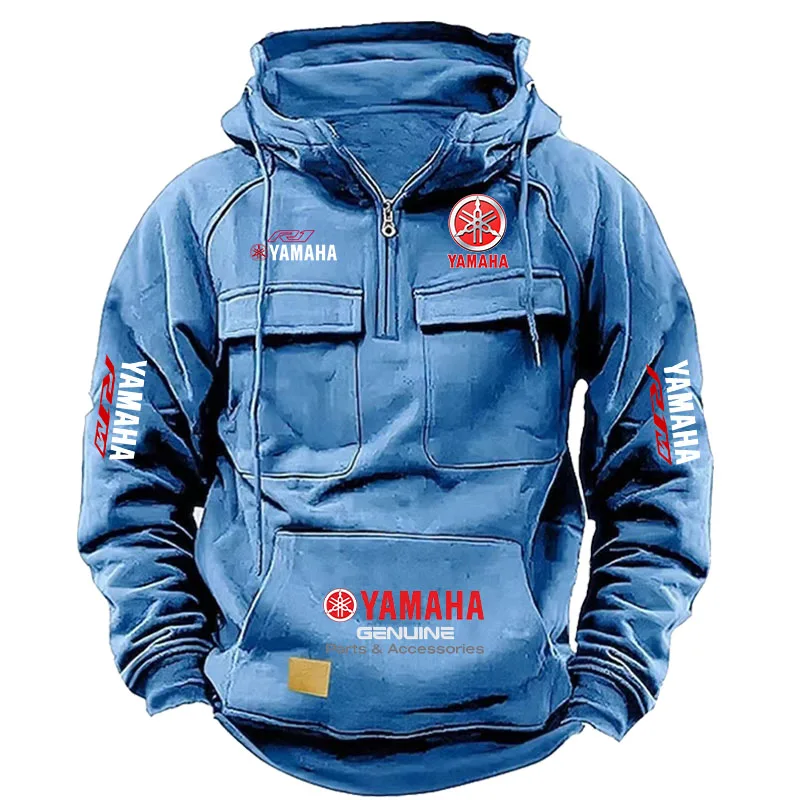 2026 New YAMAHA Logo Motorcycle Racing Race Retro Velvet Half Zipper Hoodie Men's Multi Pocket Autumn/Winter Casual Sweatshirt