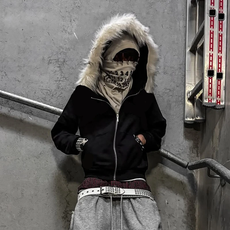Fluffy Hat Hoodie Solid Color Casual Long Sleeve Hoodie Retro Coat Street Trend Y2K