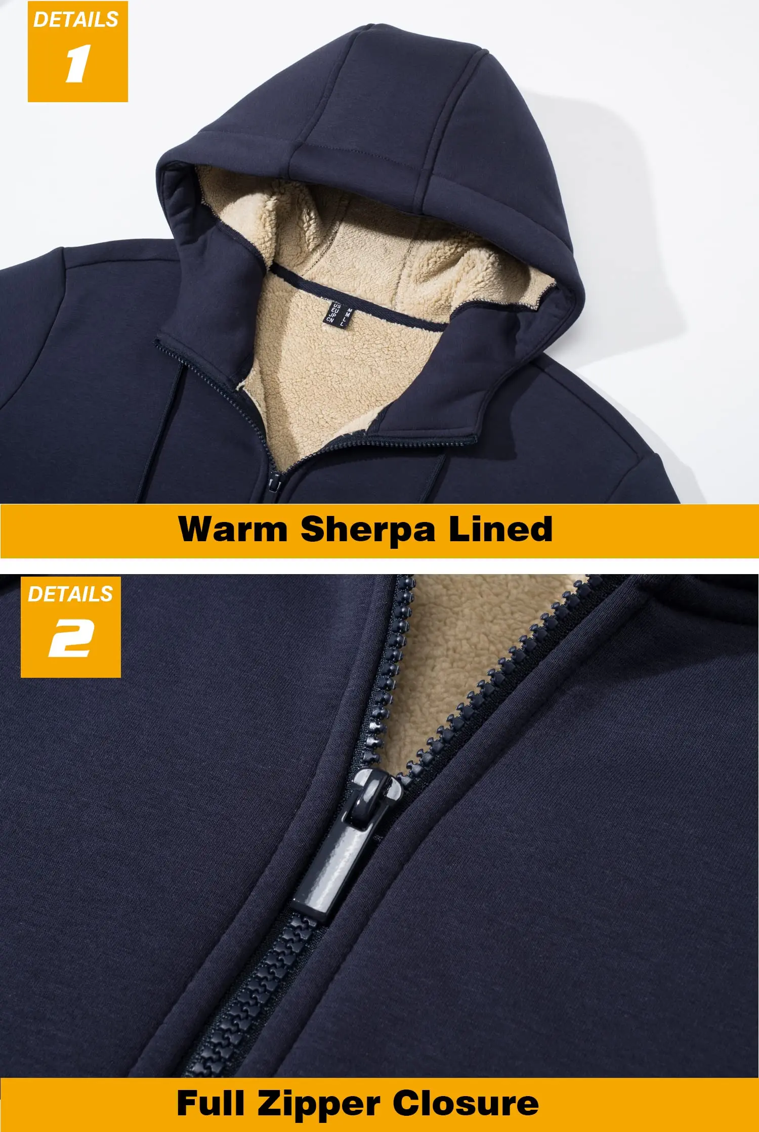 TACVASEN Fleece Lining Winter Hoodie Mens Sherpa Jackets Windproof Full Zip Warm Coats Climbing Hooded Casual Outwear Sportswear