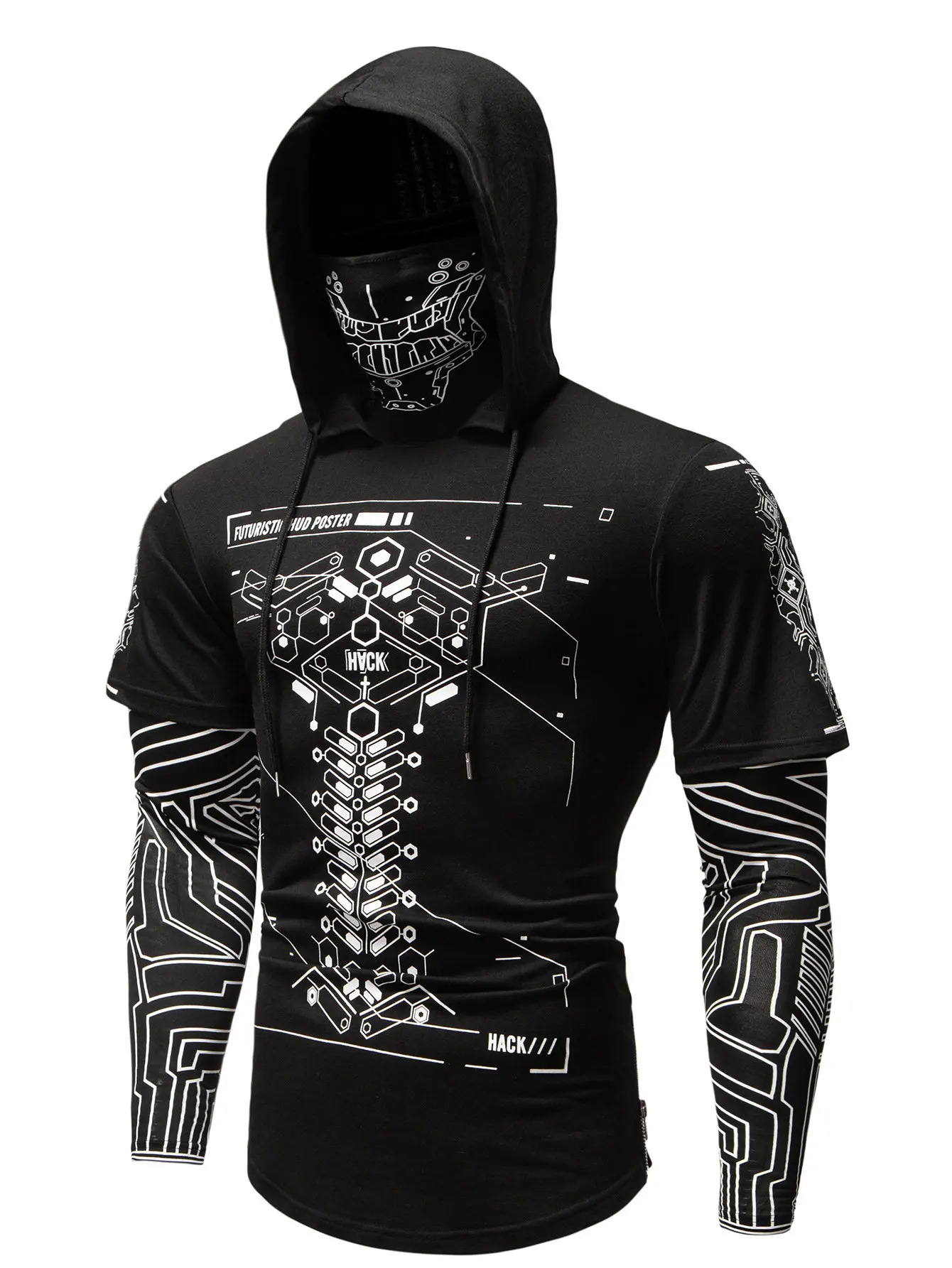 Men's Cyberpunk Hooded Short Sleeve Sweatshirts Streetwear Fashion Tech Print Tops Slim Fit Casual Hoodies Men Clothing