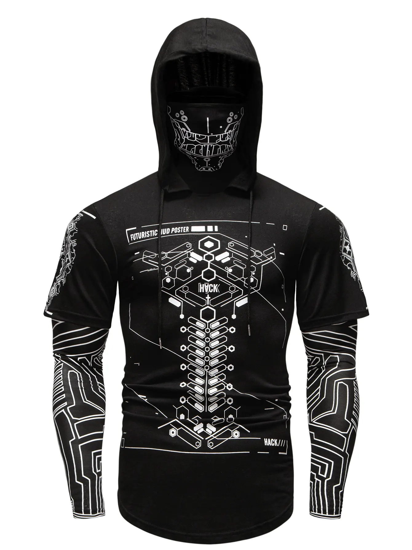 Men's Cyberpunk Hooded Short Sleeve Sweatshirts Streetwear Fashion Tech Print Tops Slim Fit Casual Hoodies Men Clothing