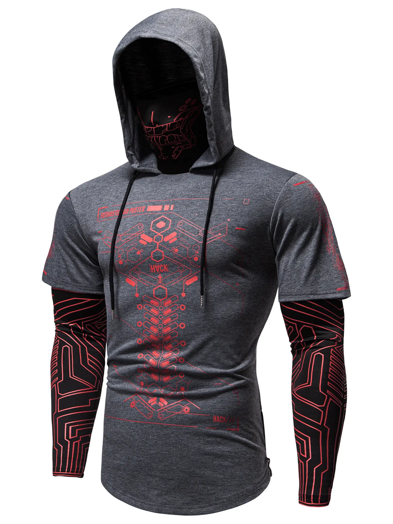 Men's Cyberpunk Hooded Short Sleeve Sweatshirts Streetwear Fashion Tech Print Tops Slim Fit Casual Hoodies Men Clothing