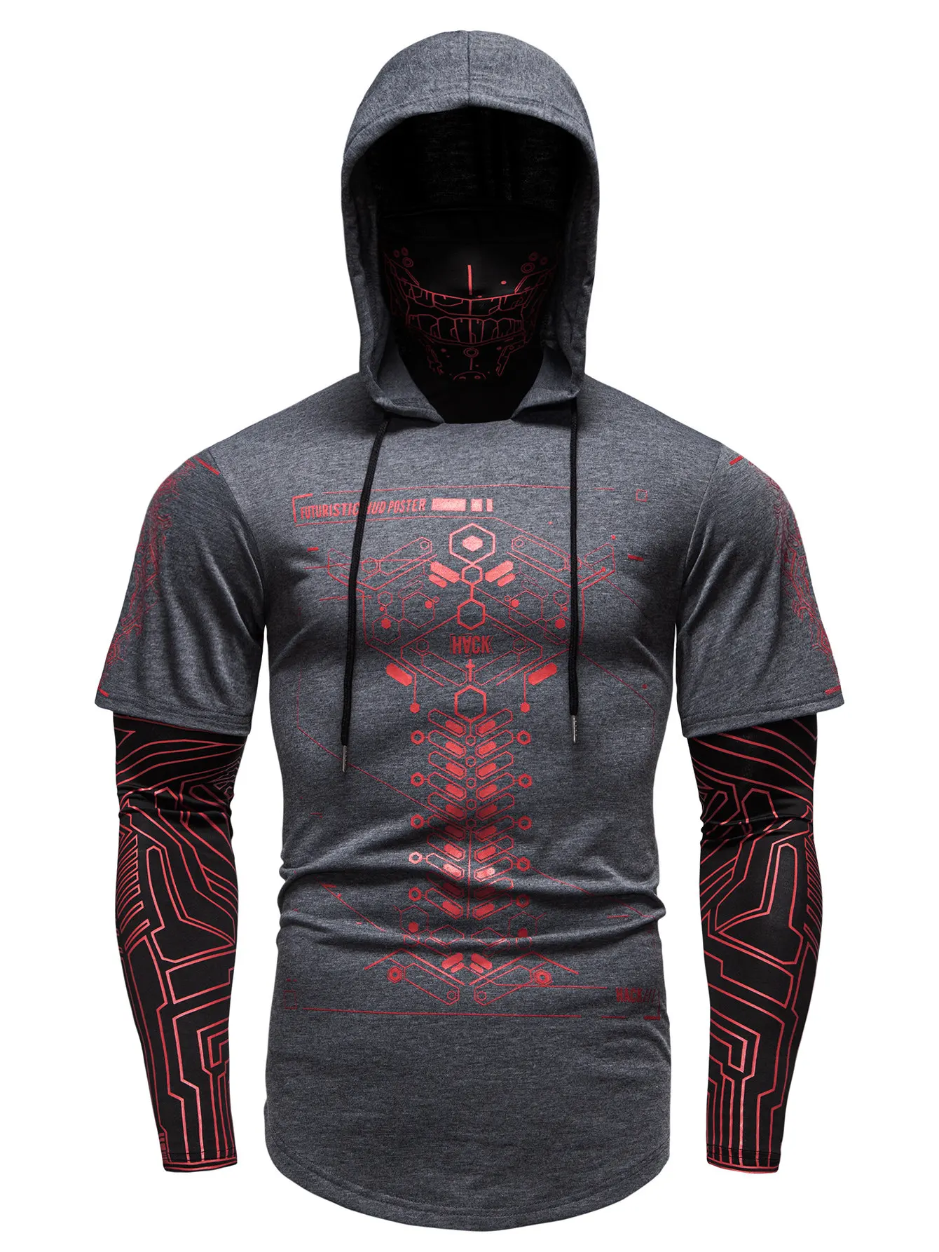 Men's Cyberpunk Hooded Short Sleeve Sweatshirts Streetwear Fashion Tech Print Tops Slim Fit Casual Hoodies Men Clothing