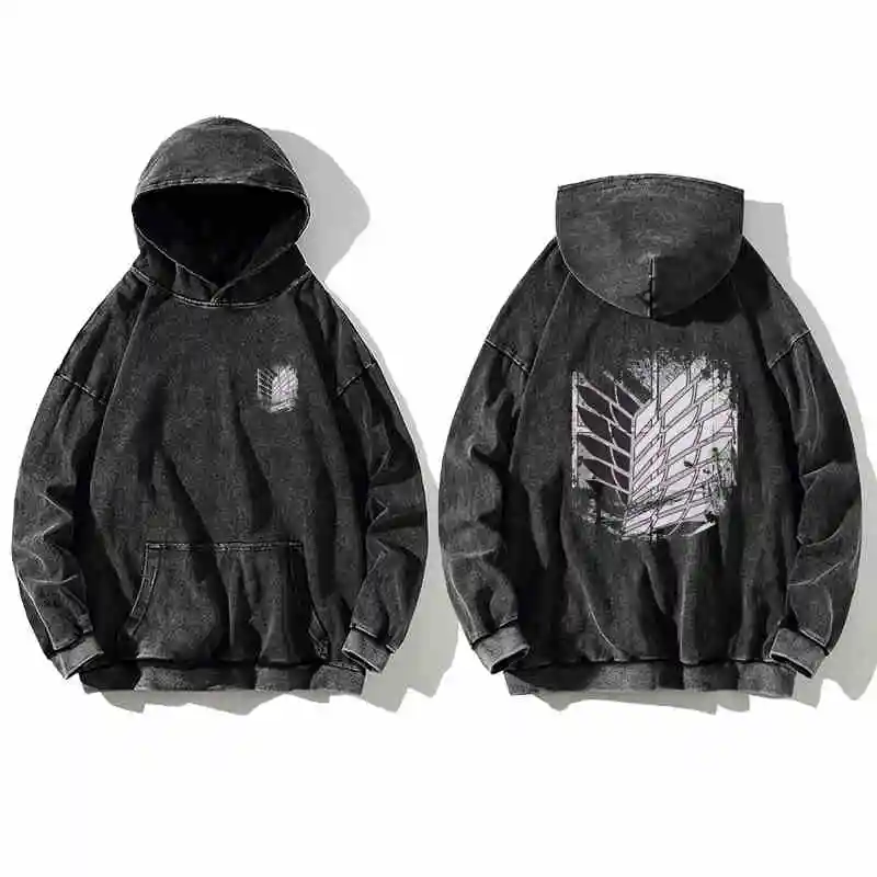 Unisex Vintage Washed Retro Attack On Titan Cotton Hoodie High Street Sweatshirt Women Men Streetwear Black Hooded Pullover