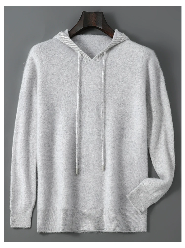 DjzDsm Autumn Winter Men's Sweater 100% Merino Wool Thick Hooded Pullover Soft Knitwear Casual Comfort Wool Clothing Tops
