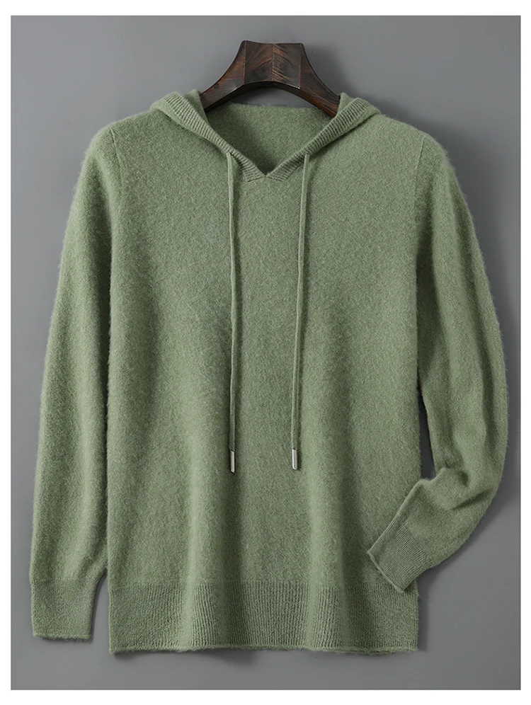 DjzDsm Autumn Winter Men's Sweater 100% Merino Wool Thick Hooded Pullover Soft Knitwear Casual Comfort Wool Clothing Tops